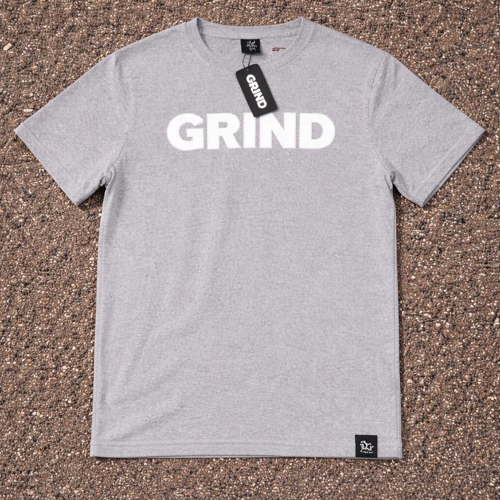 GrindGang™ Essential Tee – Heather Grey / White Print